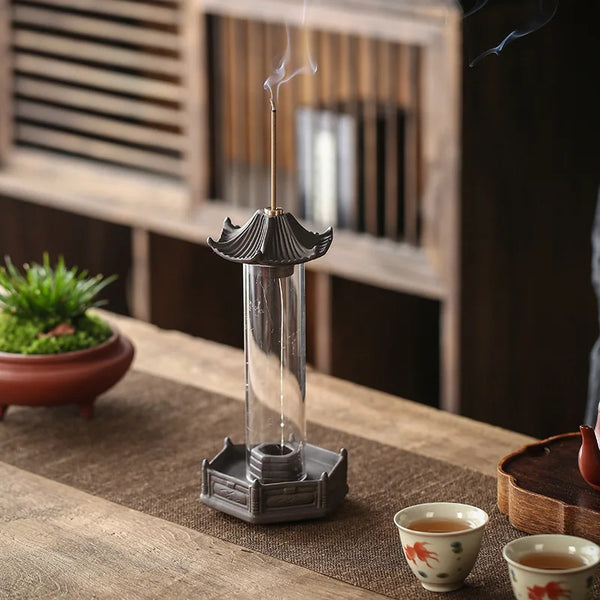 Ceramic Waterfall Incense Burner with Windproof Glass Cover